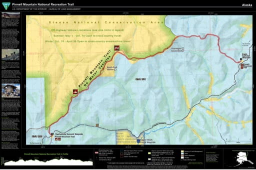Visitor Map of Pinnell Mountain National Recreation Trail (NRT) in the Fairbanks District Office area in Alaska. Published by the Bureau of Land Management (BLM).