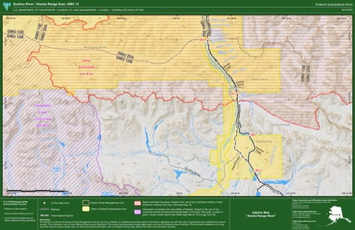 Federal Subsistence Hunt Map of Susintna River / Alaska Range East in the Game Management Unit 13 (GMU) in Alaska. Published by the Bureau of Land Management (BLM).