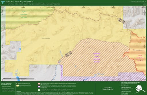 Federal Subsistence Hunt Map of Susintna River / Alaska Range West in the Game Management Unit 13 (GMU) in Alaska. Published by the Bureau of Land Management (BLM).