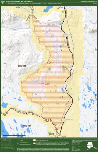 Federal Subsistence Hunt Map of the Sourdough Controlled Use Area in the Game Management Unit 13 (GMU) in Alaska. Published by the Bureau of Land Management (BLM).