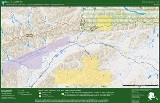 Federal Subsistence Hunt Map of Cantwell Area in the Game Management Unit 13E (GMU) in Alaska. Published by the Bureau of Land Management (BLM).