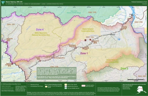 Map of the Steese and White Mountains Area: Fortymile Caribou Hunt Access for Summer Hunters (May 1 - Oct. 14) in the Game Management Unit 25C (GMU) area in Alaska. Published by the Bureau of Land Management (BLM).