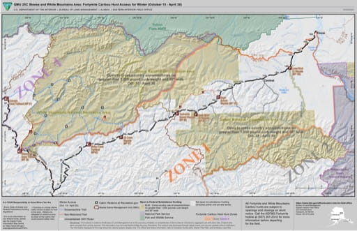 Map of Winter Caribou Hunter Access in Fortymile / Steese Highway, Game Management Unit 25C (GMU) area in Alaska. Published by the Bureau of Land Management (BLM).