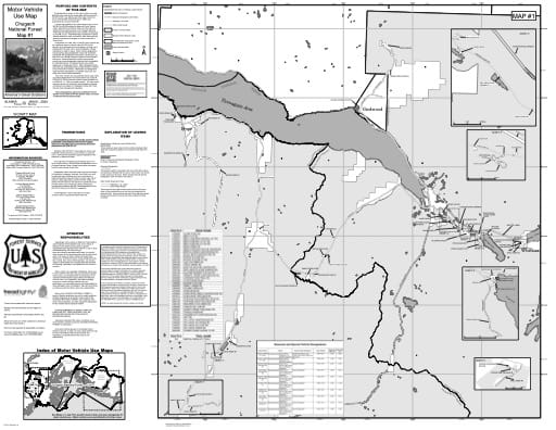 Map 1 of the Motor Vehicle Use Map (MVUM) of Prince William Sound in Chugach National Forest (NF) in Alaska. Published by the U.S. Forest Service (USFS).