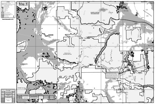 Map 8 of the Motor Vehicle Use Map (MVUM) of the Craig and Thorne Bay Ranger District (RD) of Tongass National Forest (NF) in Alaska. Published by the U.S. Forest Service (USFS).