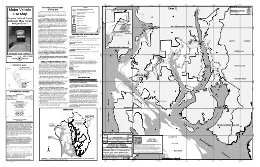 Map 1 of the Motor Vehicle Use Map (MVUM) of Ketchikan Misty Fjords Ranger District (RD) of Tongass National Forest (NF) in Alaska. Published by the U.S. Forest Service (USFS).