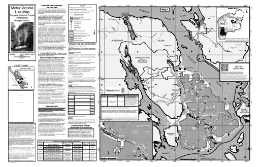 Map 1 of the Motor Vehicle Use Map (MVUM) of Petersburg Ranger District (RD) of Tongass National Forest (NF) in Alaska. Published by the U.S. Forest Service (USFS).