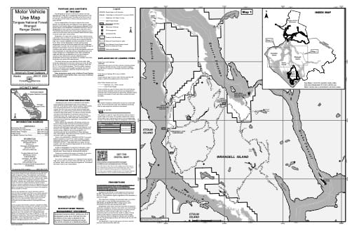 Map 1 of the Motor Vehicle Use Map (MVUM) of Wrangell Ranger District (RD) of Tongass National Forest (NF) in Alaska. Published by the U.S. Forest Service (USFS).