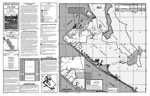 Map 1 of the Motor Vehicle Use Map (MVUM) of Yakutat Ranger District (RD) of Tongass National Forest (NF) in Alaska. Published by the U.S. Forest Service (USFS).