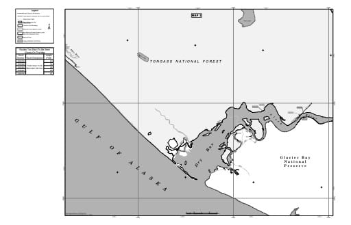 Map 2 of the Motor Vehicle Use Map (MVUM) of Yakutat Ranger District (RD) of Tongass National Forest (NF) in Alaska. Published by the U.S. Forest Service (USFS).