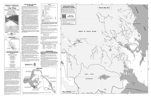Motor Vehicle Use Map (MVUM) of the Thorne Bay area in Tongass National Forest (NF) in Alaska. Published by the U.S. Forest Service (USFS).