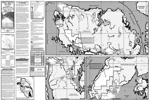 Map 1 of the Motor Vehicle Use Map (MVUM) of the Craig and Thorne Bay Ranger District (RD) of Tongass National Forest (NF) in Alaska. Published by the U.S. Forest Service (USFS).