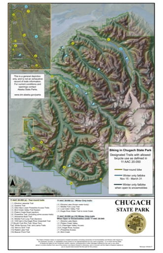 Map of Designated Biking Trails at Chugach State Park (SP) in Alaska. Published by Alaska State Parks