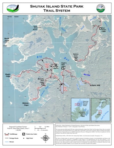 Trail System Map of Shuyak Island State Park (SP) in Alaska. Published by Alaska State Parks.