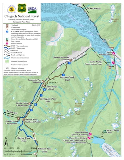 Map of the Turnagain Pass part of the Iditarod National Historic Trail Southern Trek (NHT) in Chugach National Forest (NF) in Alaska. Published by the U.S. Forest Service (USFS).