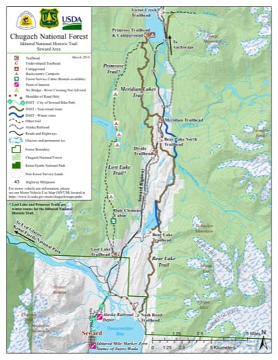 Map of the Seward part of the Iditarod National Historic Trail Southern Trek (NHT) in Chugach National Forest (NF) in Alaska. Published by the U.S. Forest Service (USFS).