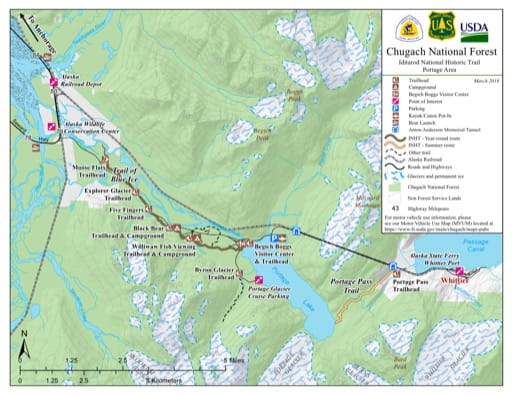 Map of the Portage part of the Iditarod National Historic Trail Southern Trek (NHT) in Chugach National Forest (NF) in Alaska. Published by the U.S. Forest Service (USFS).
