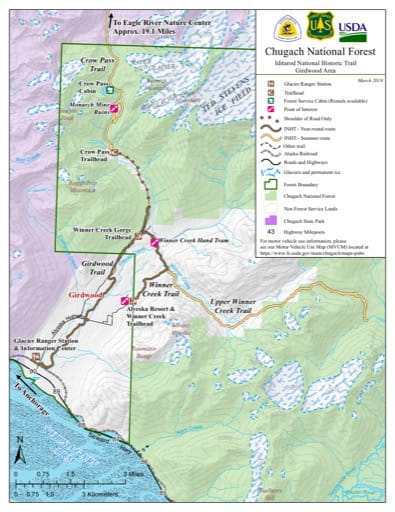 Map of the Girdwood part of the Iditarod National Historic Trail Southern Trek (NHT) in Chugach National Forest (NF) in Alaska. Published by the U.S. Forest Service (USFS).