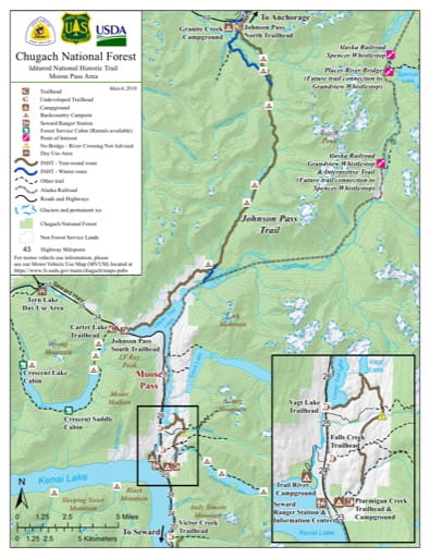 Map of the Moose Pass part of the Iditarod National Historic Trail Southern Trek (NHT) in Chugach National Forest (NF) in Alaska. Published by the U.S. Forest Service (USFS).