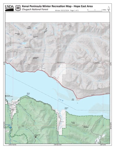 Winter Recreation Map of the Hope East Area on the Kenai Peninsula in Chugach National Forest (NF) in Alaska. Published by the U.S. National Forest Service (USFS).