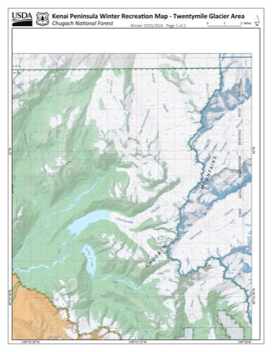 Winter Recreation Map of the Twentymile Glacier Area on the Kenai Peninsula in Chugach National Forest (NF) in Alaska. Published by the U.S. National Forest Service (USFS).