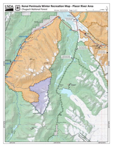 Winter Recreation Map of the Placer River Area on the Kenai Peninsula in Chugach National Forest (NF) in Alaska. Published by the U.S. National Forest Service (USFS).