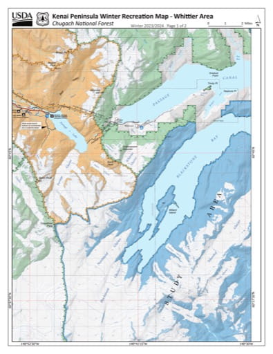 Winter Recreation Map of the Whittier Area on the Kenai Peninsula in Chugach National Forest (NF) in Alaska. Published by the U.S. National Forest Service (USFS).