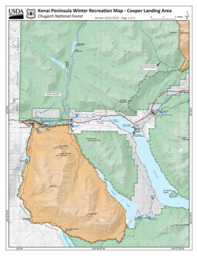 Winter Recreation Map of the Cooper Landing Area on the Kenai Peninsula in Chugach National Forest (NF) in Alaska. Published by the U.S. National Forest Service (USFS).