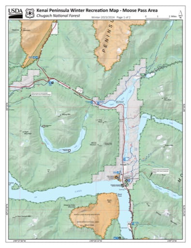 Winter Recreation Map of the Moose Pass Area on the Kenai Peninsula in Chugach National Forest (NF) in Alaska. Published by the U.S. National Forest Service (USFS).