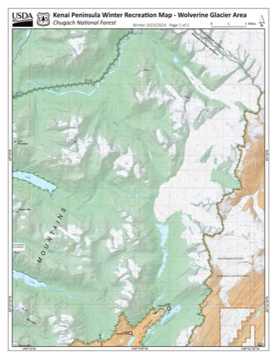 Winter Recreation Map of the Wolverine Glacier Area on the Kenai Peninsula in Chugach National Forest (NF) in Alaska. Published by the U.S. National Forest Service (USFS).