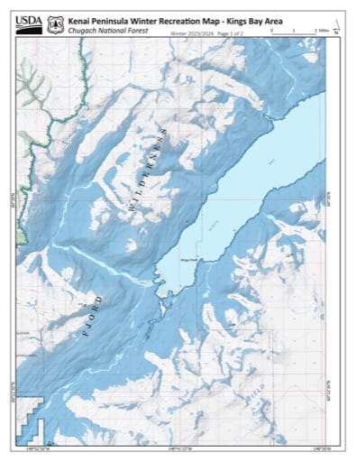 Winter Recreation Map of the Kings Bay Area on the Kenai Peninsula in Chugach National Forest (NF) in Alaska. Published by the U.S. National Forest Service (USFS).