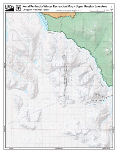 Winter Recreation Map of the Upper Russian Lake Area on the Kenai Peninsula in Chugach National Forest (NF) in Alaska. Published by the U.S. National Forest Service (USFS).