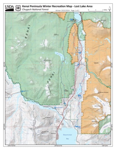 Winter Recreation Map of the Lost Lake Area on the Kenai Peninsula in Chugach National Forest (NF) in Alaska. Published by the U.S. National Forest Service (USFS).