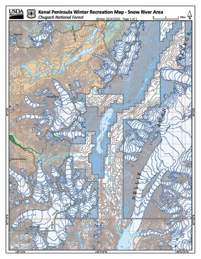 Winter Recreation Map of the Snow River Area on the Kenai Peninsula in Chugach National Forest (NF) in Alaska. Published by the U.S. National Forest Service (USFS).