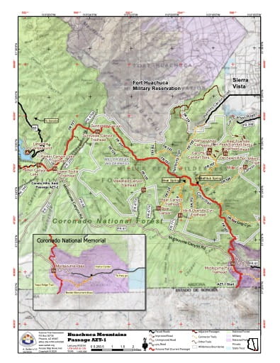 Map of Huachuca Mountains - Passage AZT-1 - of the Arizona Trail in Arizona. Published by the Arizona Trail Association.