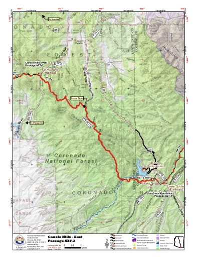 Map of Canelo Hills - East - Passage AZT-2 - of the Arizona Trail in Arizona. Published by the Arizona Trail Association.