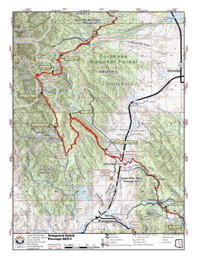 Map of Temporal Gulch - Passage AZT-4 - of the Arizona Trail in Arizona. Published by the Arizona Trail Association.