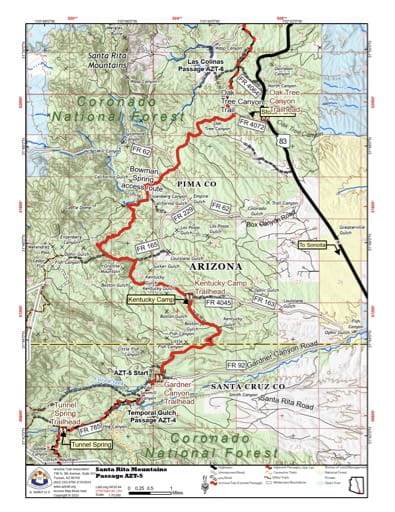 Map of Santa Rita Mountains - Passage AZT-5 - of the Arizona Trail in Arizona. Published by the Arizona Trail Association.