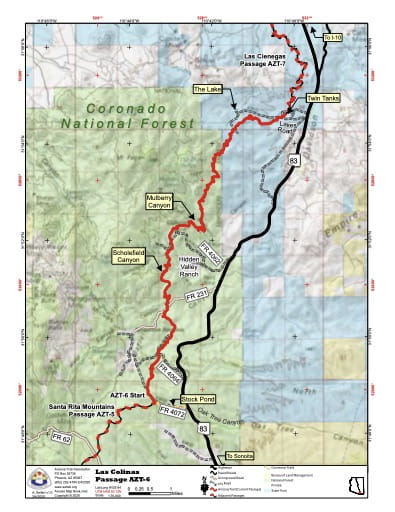 Map of Las Colinas - Passage AZT-6 - of the Arizona Trail in Arizona. Published by the Arizona Trail Association.