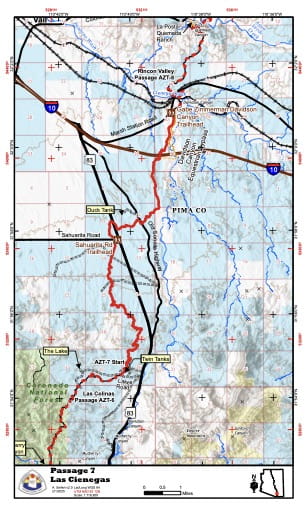 Map of Las Colinas - Passage AZT-7 - of the Arizona Trail in Arizona. Published by the Arizona Trail Association.