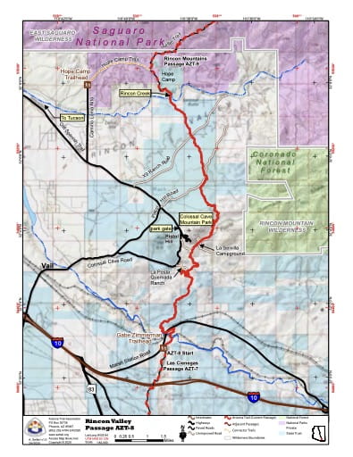 Map of Rincon Valley - Passage AZT-8 - of the Arizona Trail in Arizona. Published by the Arizona Trail Association.