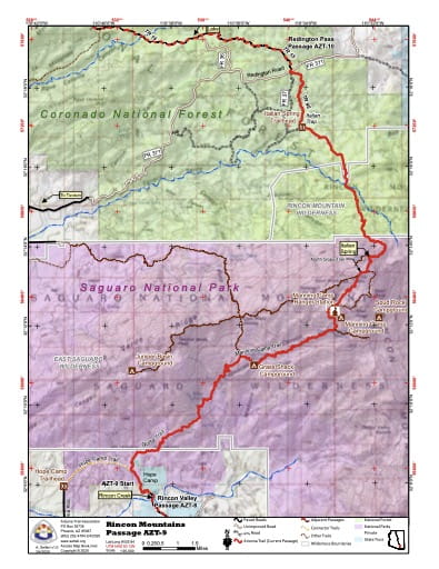 Map of Rincon Mountains - Passage AZT-9 - of the Arizona Trail in Arizona. Published by the Arizona Trail Association.