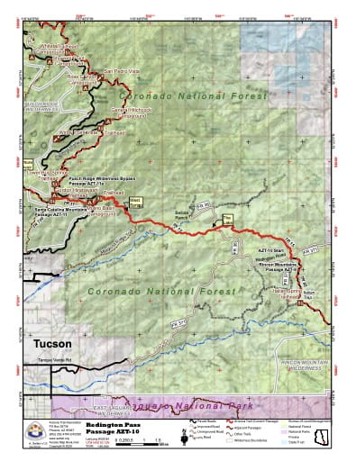 Map of Redington Pass - Passage AZT-10 - of the Arizona Trail in Arizona. Published by the Arizona Trail Association.