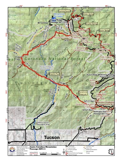 Map of Santa Catalina Mountains - Passage AZT-11 - of the Arizona Trail in Arizona. Published by the Arizona Trail Association.
