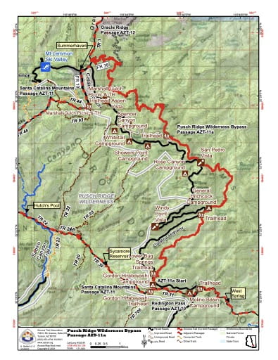Map of Pusch Ridge Wilderness Bypass - Passage AZT-11a - of the Arizona Trail in Arizona. Published by the Arizona Trail Association.