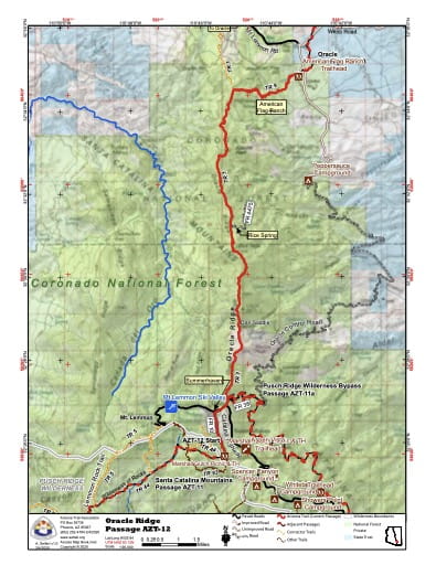 Map of Oracle Ridge - Passage AZT-12 - of the Arizona Trail in Arizona. Published by the Arizona Trail Association.