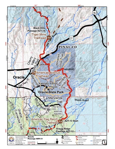 Map of Oracle - Passage AZT-13 - of the Arizona Trail in Arizona. Published by the Arizona Trail Association.