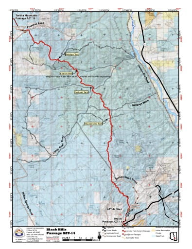 Map of Black Hills - Passage AZT-14 - of the Arizona Trail in Arizona. Published by the Arizona Trail Association.