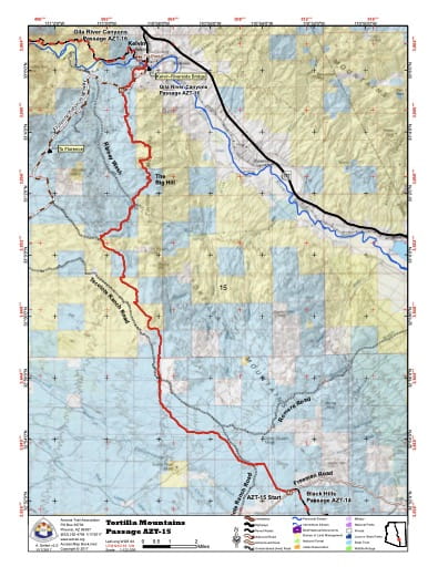 Map of Tortilla Mountains - Passage AZT-15 - of the Arizona Trail in Arizona. Published by the Arizona Trail Association.