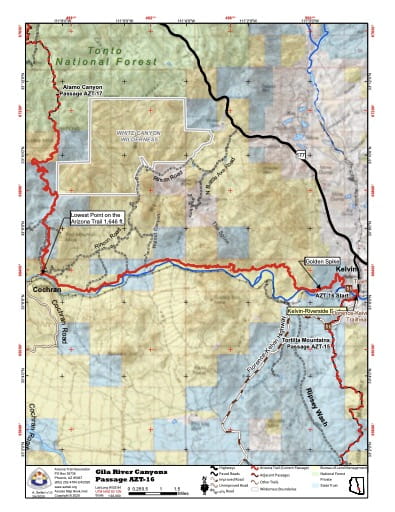 Map of Gila River Canyons - Passage AZT-16 - of the Arizona Trail in Arizona. Published by the Arizona Trail Association.